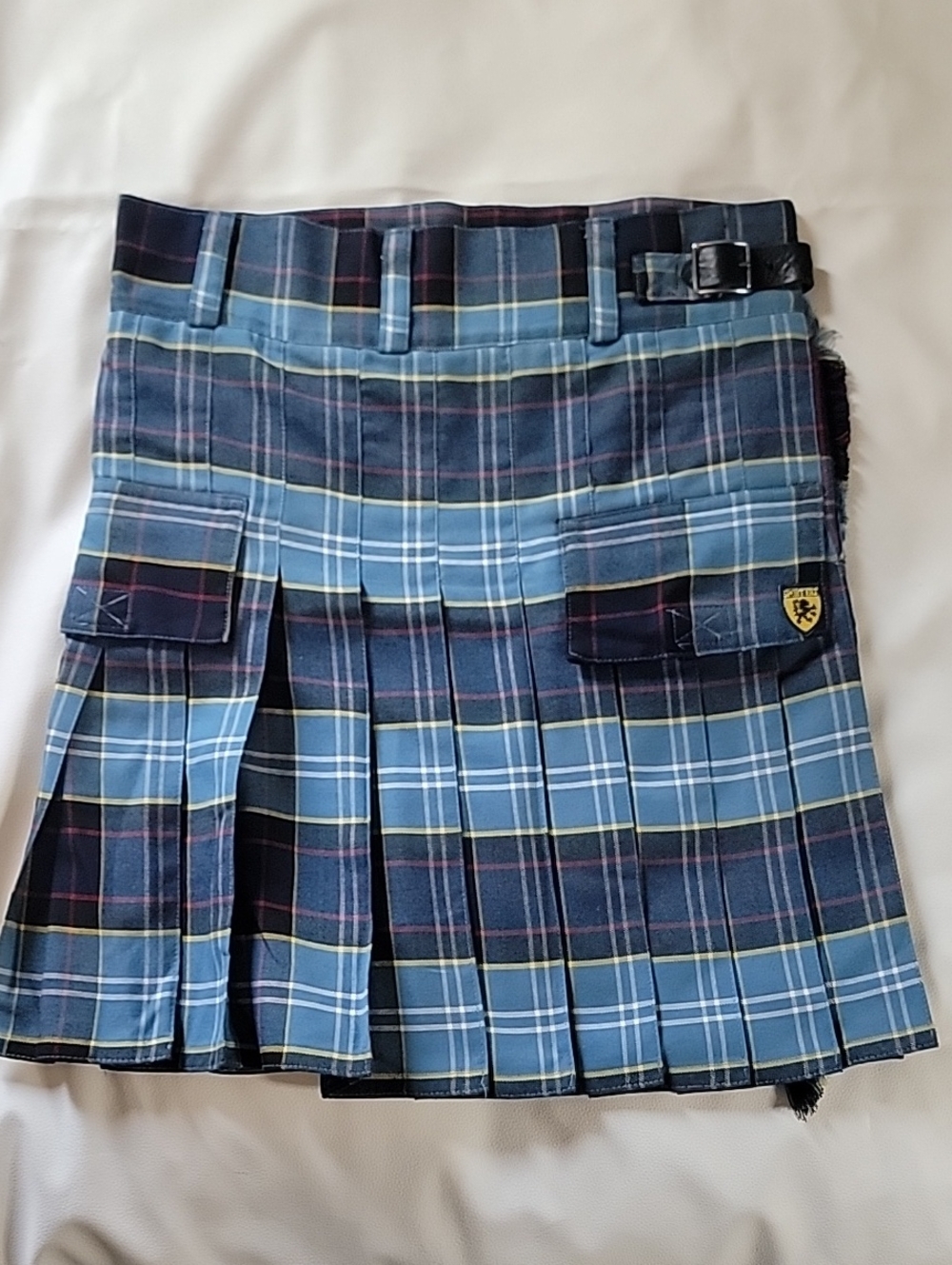 Sport Kilt Blue Tartan Plaid Utility Mini Kilt Cargo Pockets Adjustable
